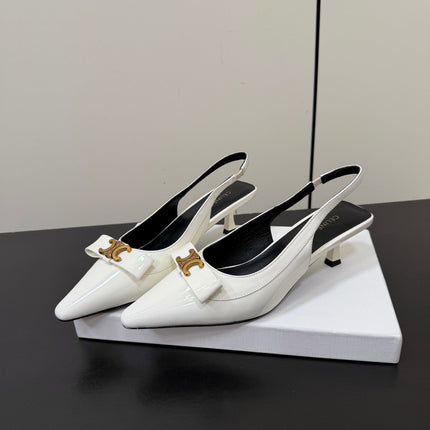 CELINE 26S TRIOMPHE SLINGBACK PUMPS IN WHITE PATENT CALFSKIN GOLD HARDWARE