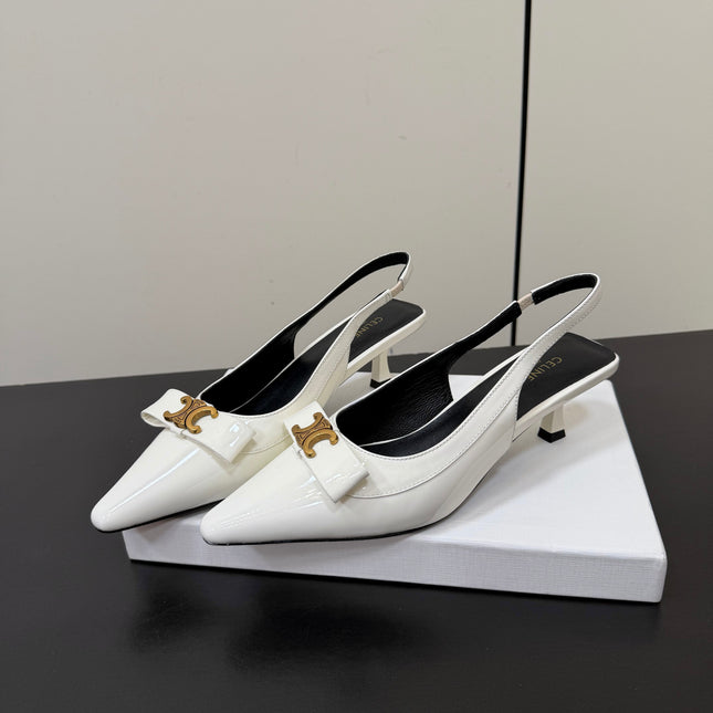 CELINE 26S TRIOMPHE SLINGBACK PUMPS IN WHITE PATENT CALFSKIN GOLD HARDWARE