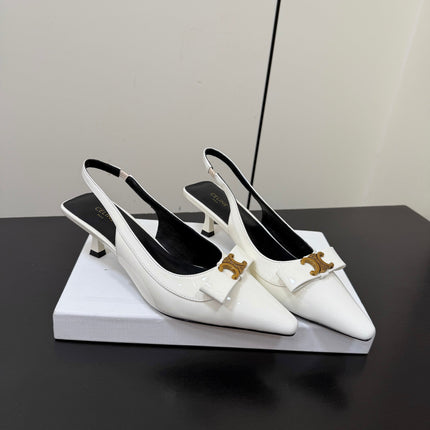 CELINE 26S TRIOMPHE SLINGBACK PUMPS IN WHITE PATENT CALFSKIN GOLD HARDWARE