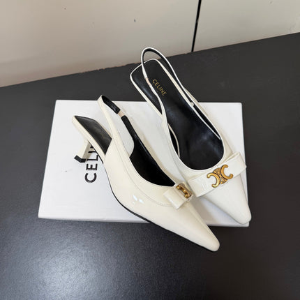 CELINE 26S TRIOMPHE SLINGBACK PUMPS IN WHITE PATENT CALFSKIN GOLD HARDWARE