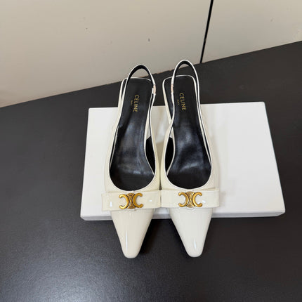 CELINE 26S TRIOMPHE SLINGBACK PUMPS IN WHITE PATENT CALFSKIN GOLD HARDWARE