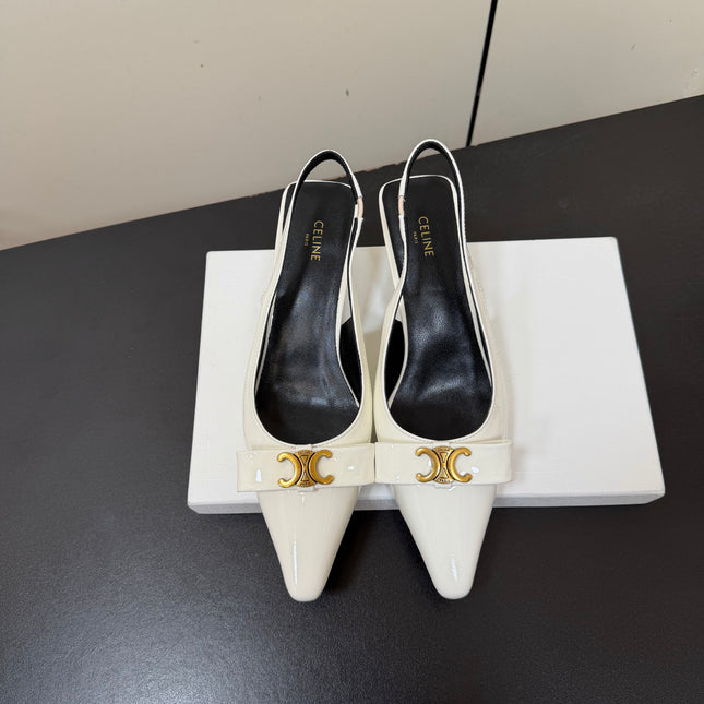 CELINE 26S TRIOMPHE SLINGBACK PUMPS IN WHITE PATENT CALFSKIN GOLD HARDWARE