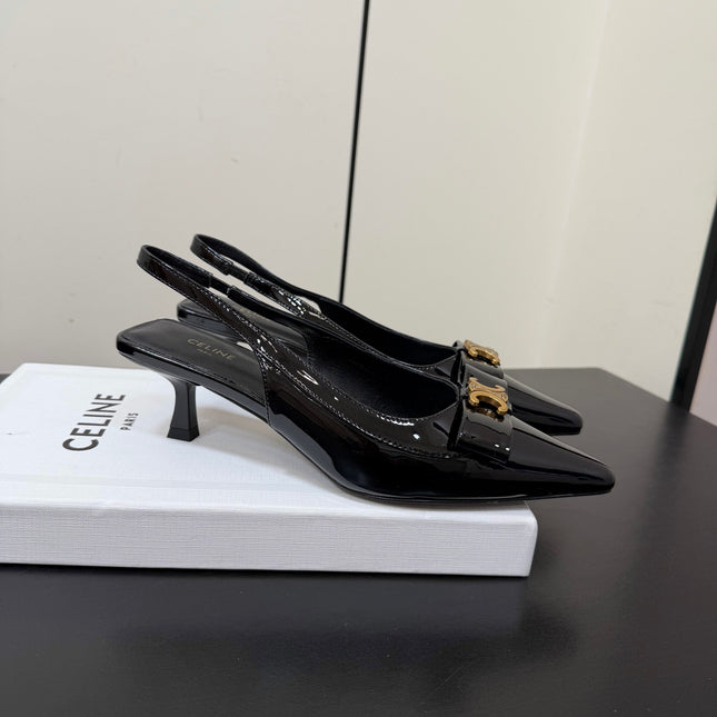 CELINE 26S TRIOMPHE SLINGBACK PUMPS IN BLACK PATENT CALFSKIN GOLD HARDWARE