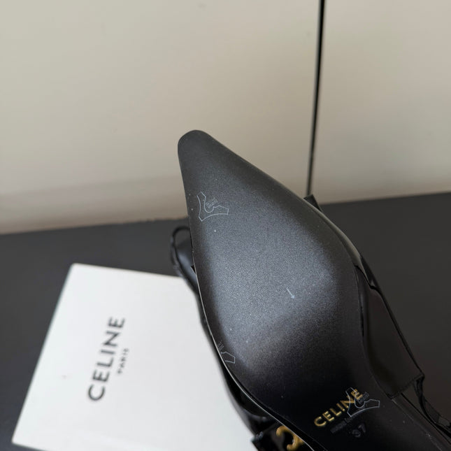 CELINE 26S TRIOMPHE SLINGBACK PUMPS IN BLACK PATENT CALFSKIN GOLD HARDWARE