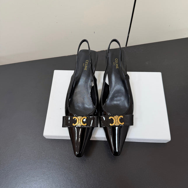 CELINE 26S TRIOMPHE SLINGBACK PUMPS IN BLACK PATENT CALFSKIN GOLD HARDWARE