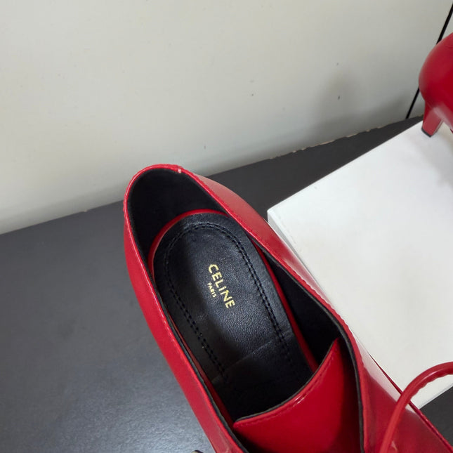 CELINE 26S LACE UP POINTED TOE PUMPS IN DARK RED PATENT CALFSKIN