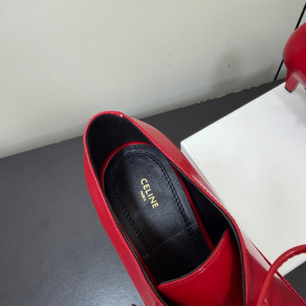 CELINE 26S LACE UP POINTED TOE PUMPS IN DARK RED PATENT CALFSKIN