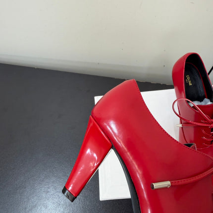 CELINE 26S LACE UP POINTED TOE PUMPS IN DARK RED PATENT CALFSKIN