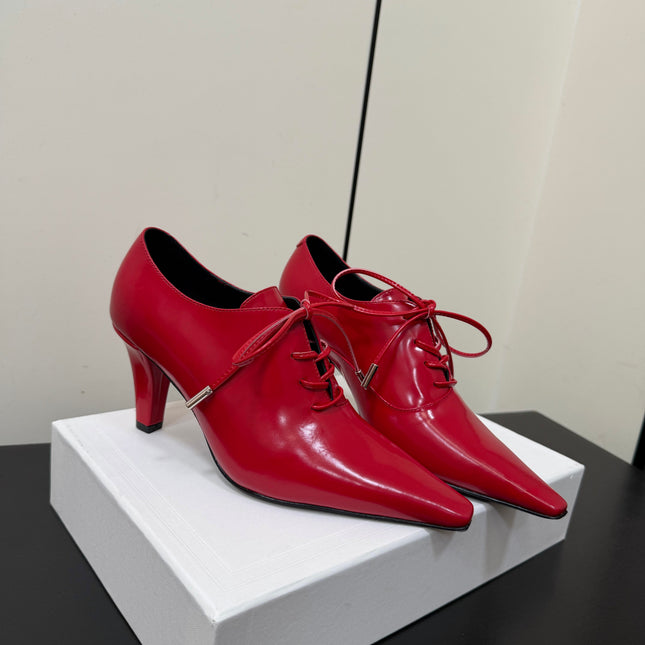 CELINE 26S LACE UP POINTED TOE PUMPS IN DARK RED PATENT CALFSKIN