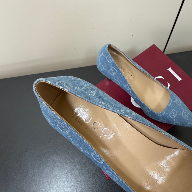 GUCCI 26S POINTED TOE PUMPS 85MM IN LIGHT BLUE DENIM GG MONOGRAM
