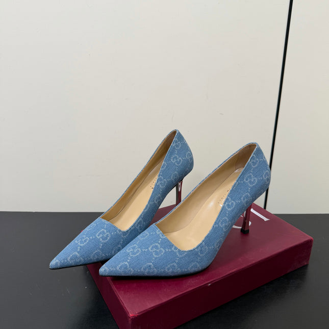 GUCCI 26S POINTED TOE PUMPS 85MM IN LIGHT BLUE DENIM GG MONOGRAM
