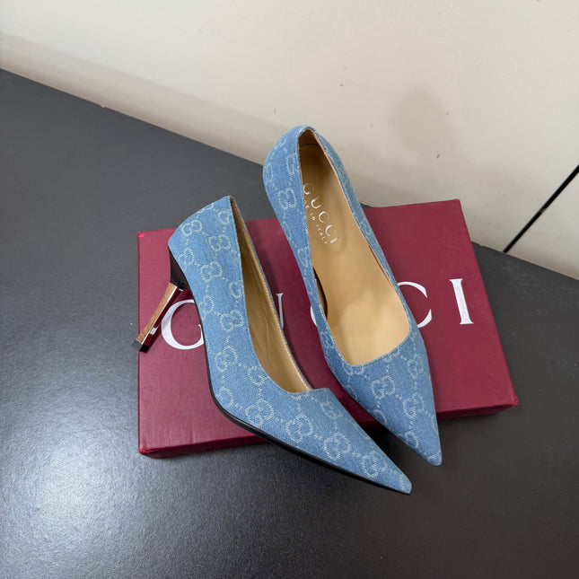 GUCCI 26S POINTED TOE PUMPS 85MM IN LIGHT BLUE DENIM GG MONOGRAM