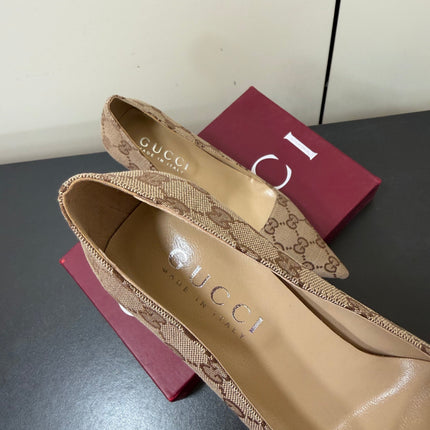 GUCCI 26S POINTED TOE PUMPS 85MM IN BEIGE BROWN CANVAS GG MONOGRAM