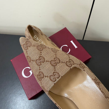 GUCCI 26S POINTED TOE PUMPS 85MM IN BEIGE BROWN CANVAS GG MONOGRAM