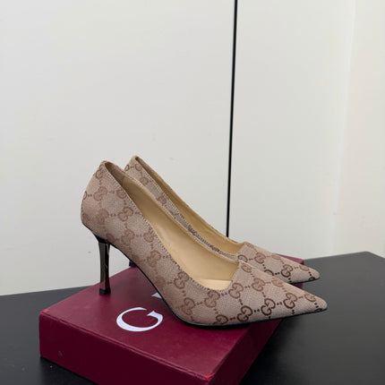 GUCCI 26S POINTED TOE PUMPS 85MM IN BEIGE BROWN CANVAS GG MONOGRAM