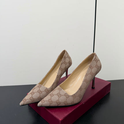 GUCCI 26S POINTED TOE PUMPS 85MM IN BEIGE BROWN CANVAS GG MONOGRAM