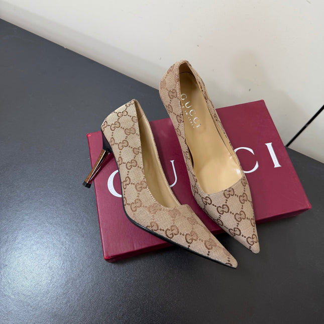 GUCCI 26S POINTED TOE PUMPS 85MM IN BEIGE BROWN CANVAS GG MONOGRAM