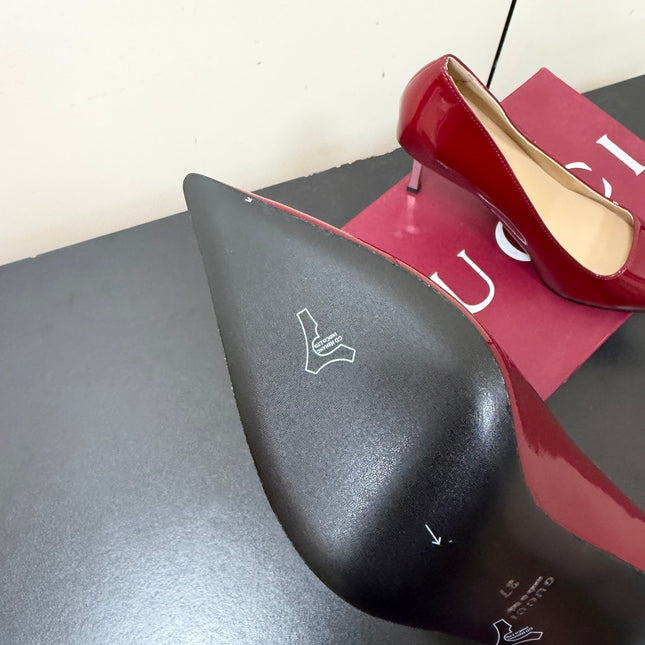 GUCCI 26S POINTED TOE PUMPS 85MM IN BURGUNDY RED PATENT CALFSKIN