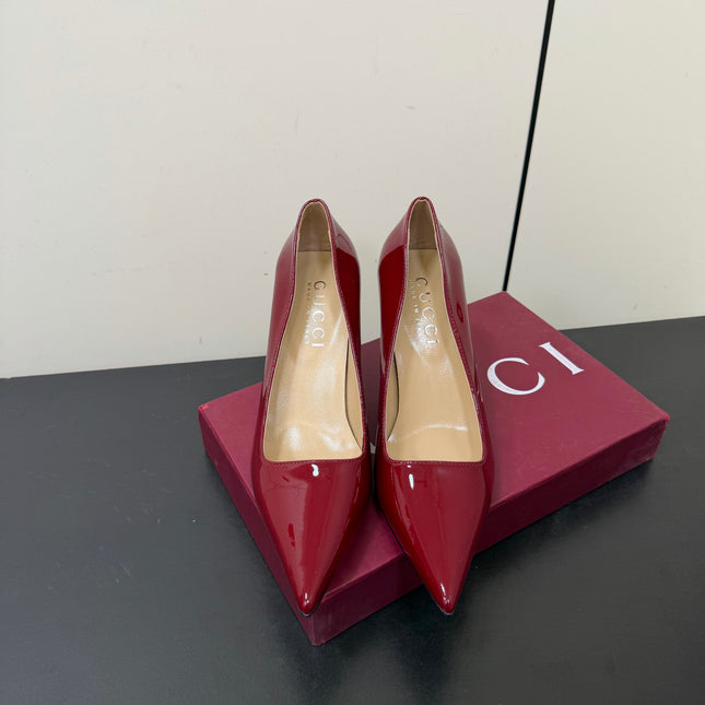 GUCCI 26S POINTED TOE PUMPS 85MM IN BURGUNDY RED PATENT CALFSKIN