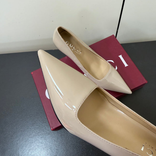 GUCCI 26S POINTED TOE PUMPS 85MM IN BEIGE PATENT CALFSKIN