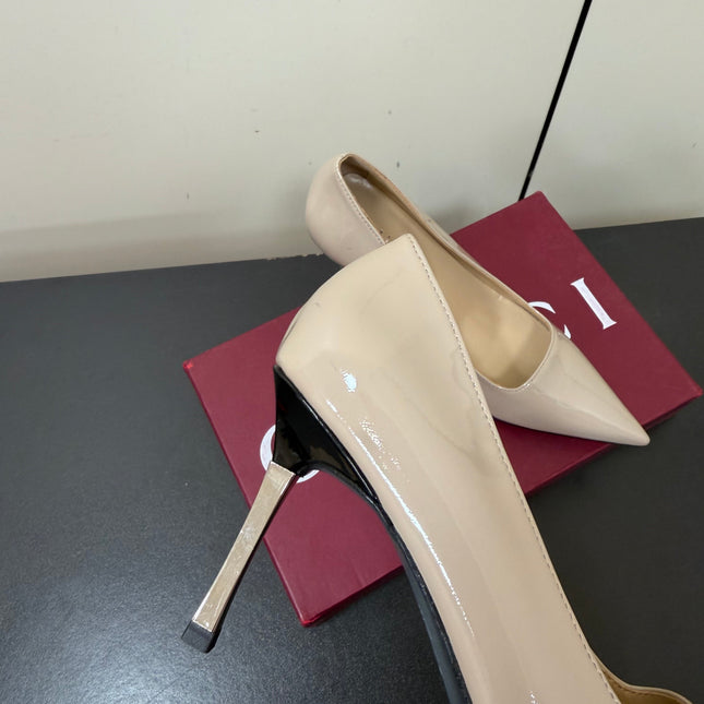 GUCCI 26S POINTED TOE PUMPS 85MM IN BEIGE PATENT CALFSKIN