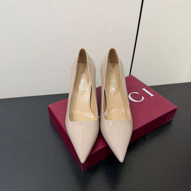 GUCCI 26S POINTED TOE PUMPS 85MM IN BEIGE PATENT CALFSKIN