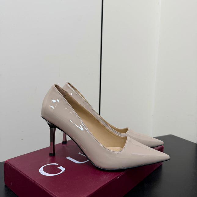 GUCCI 26S POINTED TOE PUMPS 85MM IN BEIGE PATENT CALFSKIN
