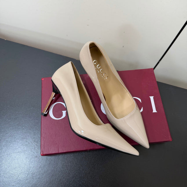 GUCCI 26S POINTED TOE PUMPS 85MM IN BEIGE PATENT CALFSKIN