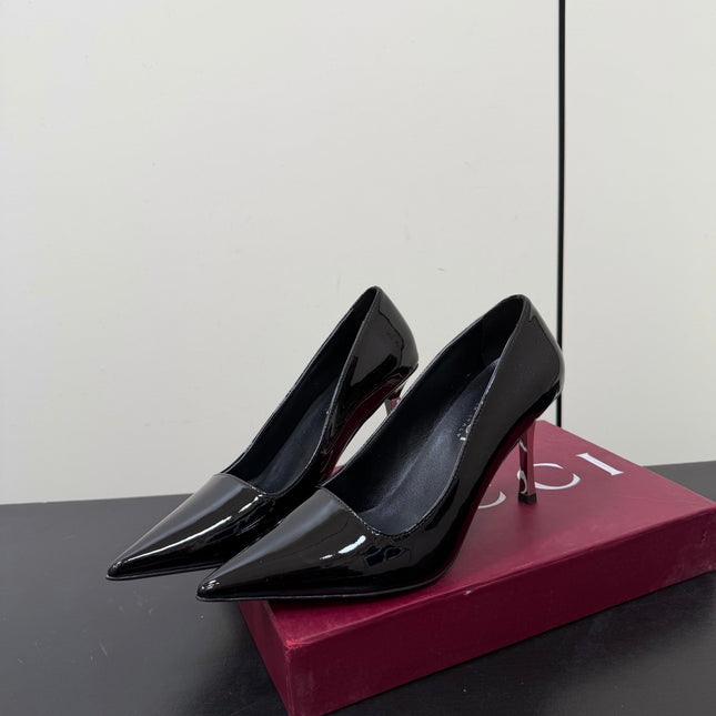 GUCCI 26S POINTED TOE PUMPS 85MM IN BLACK PATENT CALFSKIN