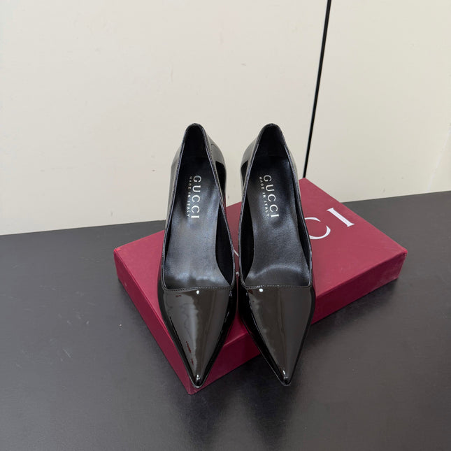 GUCCI 26S POINTED TOE PUMPS 85MM IN BLACK PATENT CALFSKIN