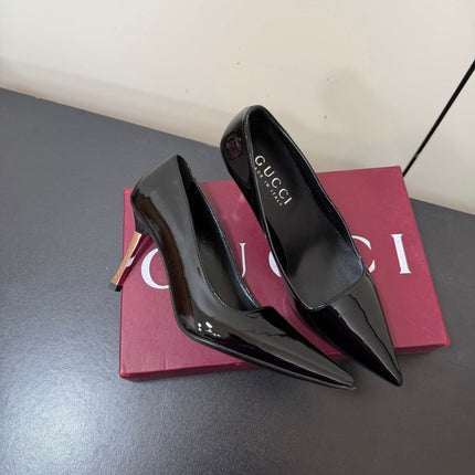 GUCCI 26S POINTED TOE PUMPS 85MM IN BLACK PATENT CALFSKIN