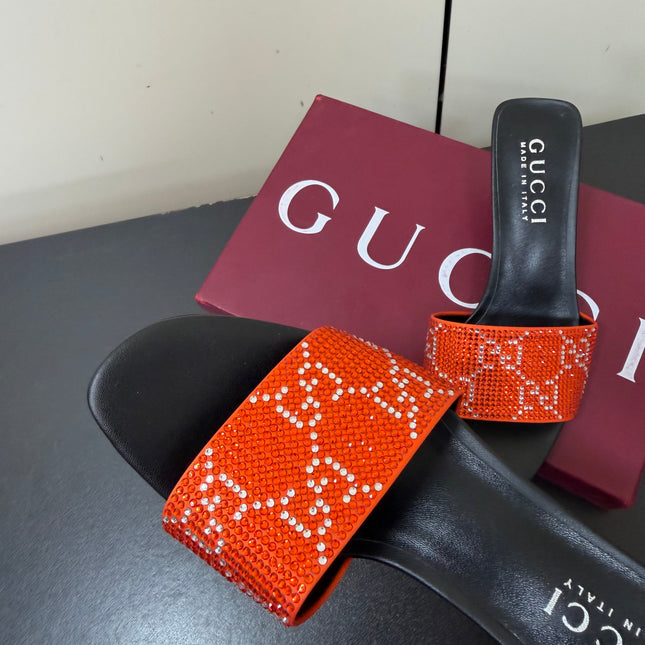 GUCCI 26S MULE SANDALS 55MM IN ORANGE SATIN CRYSTAL GG