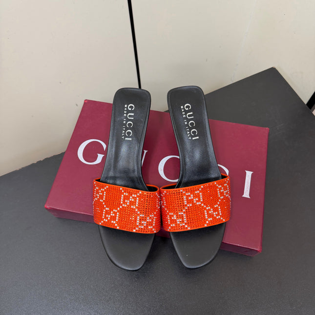 GUCCI 26S MULE SANDALS 85MM IN ORANGE SATIN CRYSTAL GG