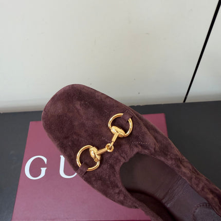 GUCCI 26S BALLET FLATS IN DARK BROWN SUEDE GOLD HARDWARE