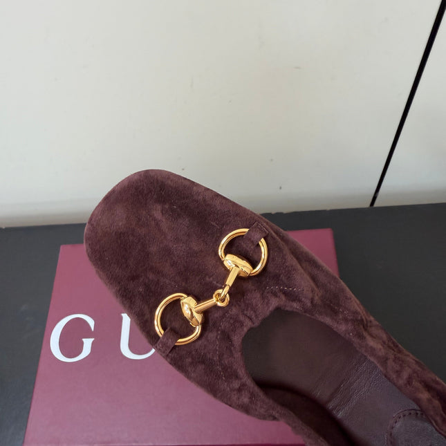 GUCCI 26S BALLET FLATS IN DARK BROWN SUEDE GOLD HARDWARE
