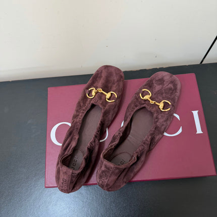 GUCCI 26S BALLET FLATS IN DARK BROWN SUEDE GOLD HARDWARE