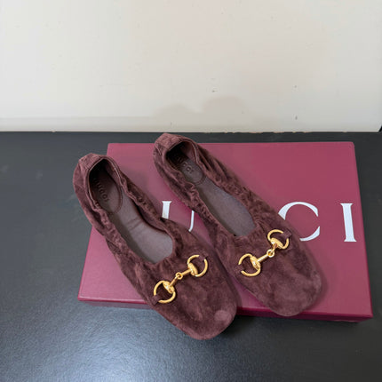 GUCCI 26S BALLET FLATS IN DARK BROWN SUEDE GOLD HARDWARE