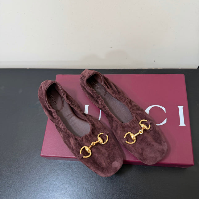 GUCCI 26S BALLET FLATS IN DARK BROWN SUEDE GOLD HARDWARE