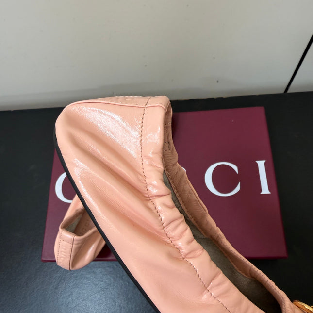 GUCCI 26S BALLET FLATS IN LIGHT PINK SHINY CALFSKIN GOLD HARDWARE