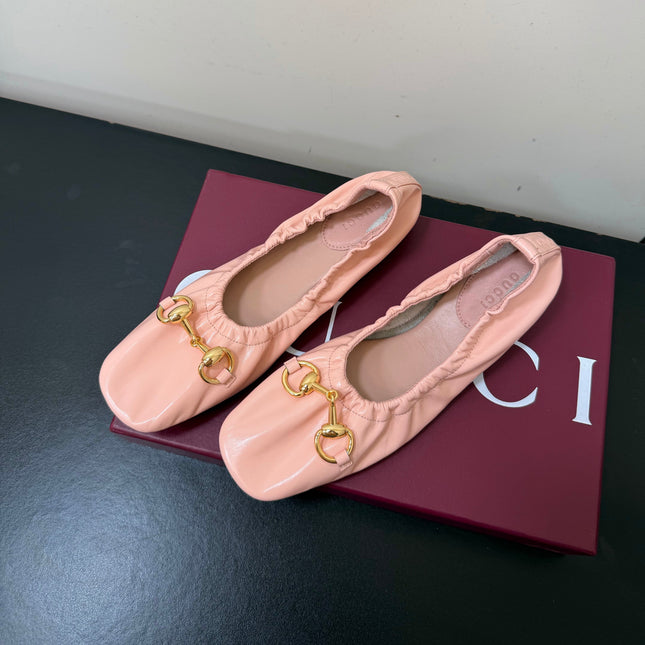 GUCCI 26S BALLET FLATS IN LIGHT PINK SHINY CALFSKIN GOLD HARDWARE