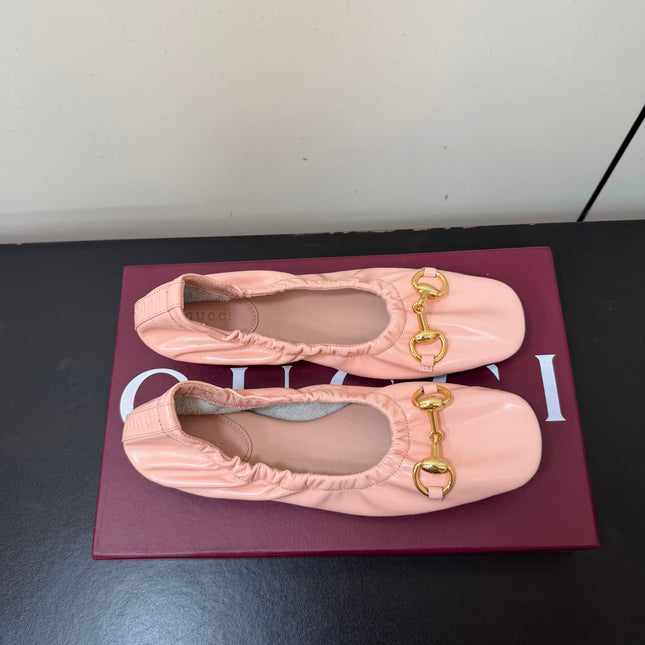 GUCCI 26S BALLET FLATS IN LIGHT PINK SHINY CALFSKIN GOLD HARDWARE
