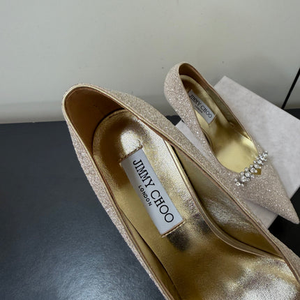 JIMMY CHOO 26S EMBELLISHED HIGH HEELS 90 MM IN CHAMPAGNE GOLD GLITTER