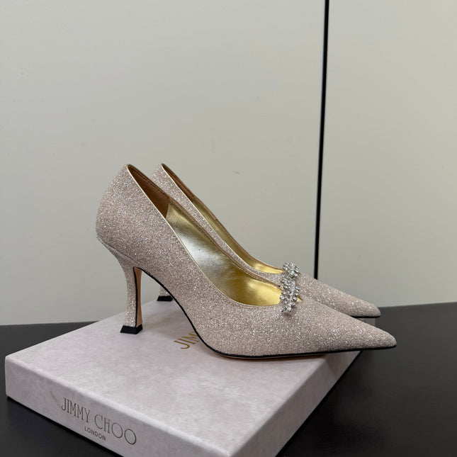 JIMMY CHOO 26S EMBELLISHED HIGH HEELS 90 MM IN CHAMPAGNE GOLD GLITTER