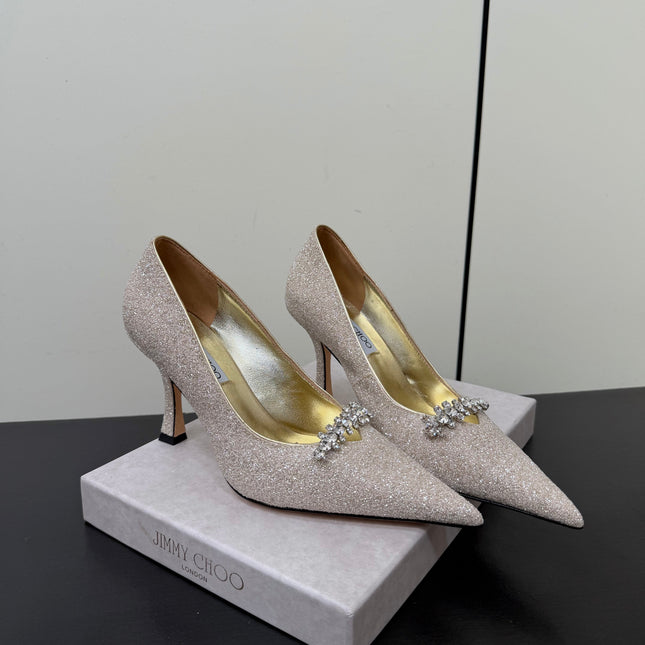 JIMMY CHOO 26S EMBELLISHED HIGH HEELS 90 MM IN CHAMPAGNE GOLD GLITTER