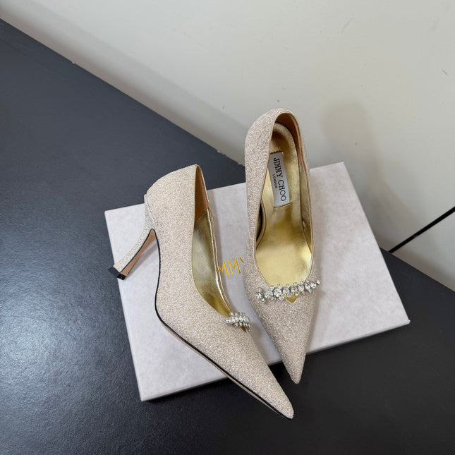 JIMMY CHOO 26S EMBELLISHED HIGH HEELS 90 MM IN CHAMPAGNE GOLD GLITTER