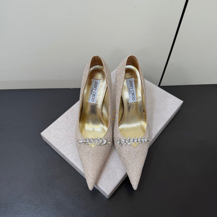 JIMMY CHOO 26S EMBELLISHED HIGH HEELS 90 MM IN CHAMPAGNE GOLD GLITTER