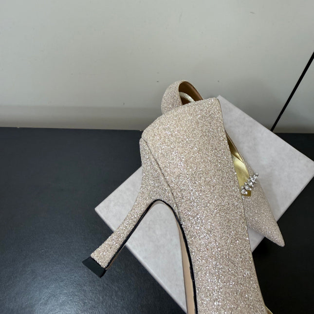 JIMMY CHOO 26S EMBELLISHED HIGH HEELS 90 MM IN CHAMPAGNE GOLD GLITTER