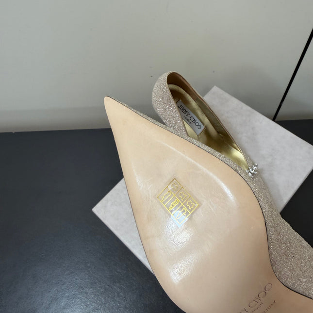 JIMMY CHOO 26S EMBELLISHED HIGH HEELS 90 MM IN CHAMPAGNE GOLD GLITTER