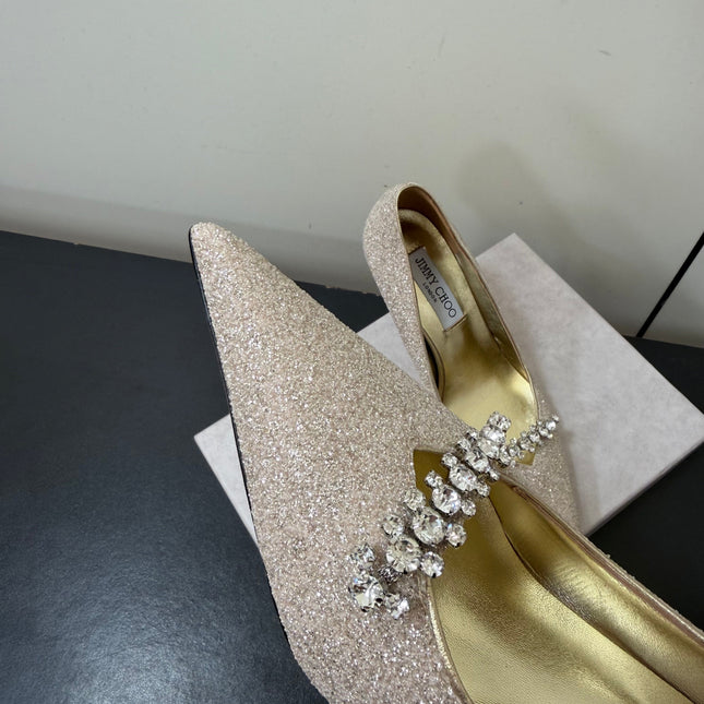 JIMMY CHOO 26S EMBELLISHED HIGH HEELS 90 MM IN CHAMPAGNE GOLD GLITTER