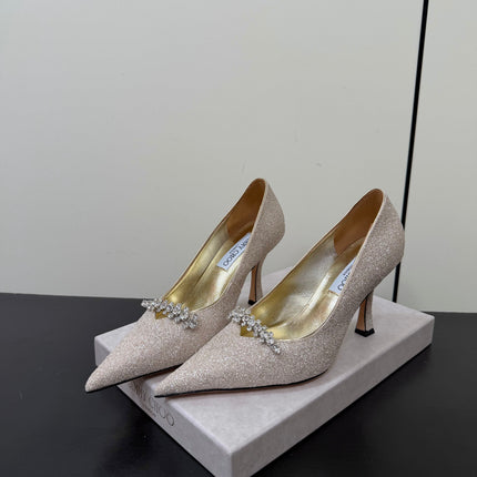 JIMMY CHOO 26S EMBELLISHED HIGH HEELS 90 MM IN CHAMPAGNE GOLD GLITTER